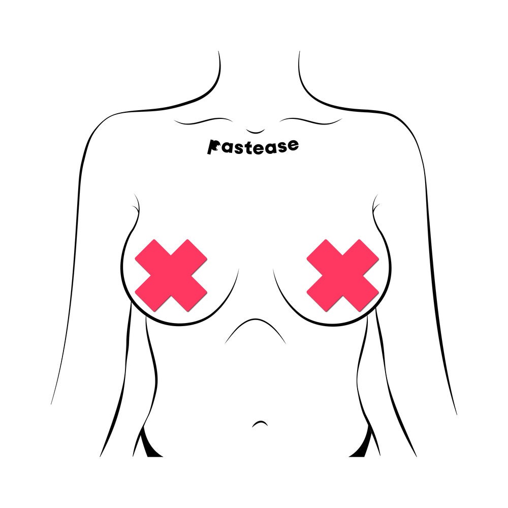 PASTEASE PLUS X: GLOW-IN-THE-DARK NEON PINK CROSS PASTIES NIPPLE COVERS