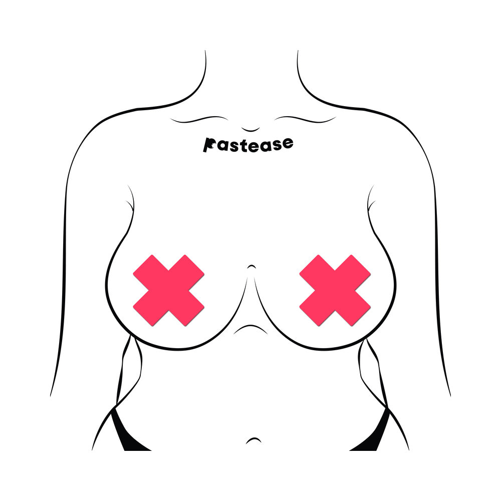 PASTEASE PLUS X: GLOW-IN-THE-DARK NEON PINK CROSS PASTIES NIPPLE COVERS