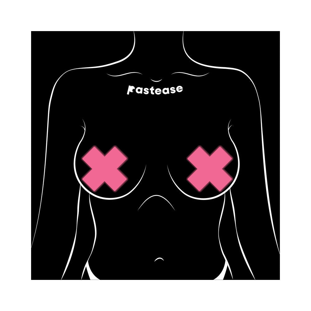 PASTEASE PLUS X: GLOW-IN-THE-DARK NEON PINK CROSS PASTIES NIPPLE COVERS