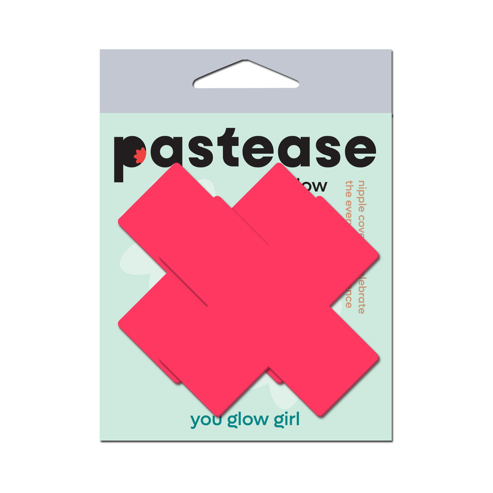 PASTEASE PLUS X: GLOW-IN-THE-DARK NEON PINK CROSS PASTIES NIPPLE COVERS