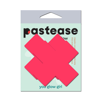PASTEASE PLUS X: GLOW-IN-THE-DARK NEON PINK CROSS PASTIES NIPPLE COVERS