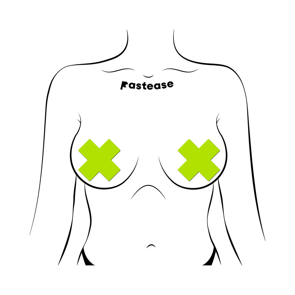 PASTEASE PLUS X: GLOW-IN-THE-DARK NEON YELLOW CROSS PASTIES NIPPLE COVERS