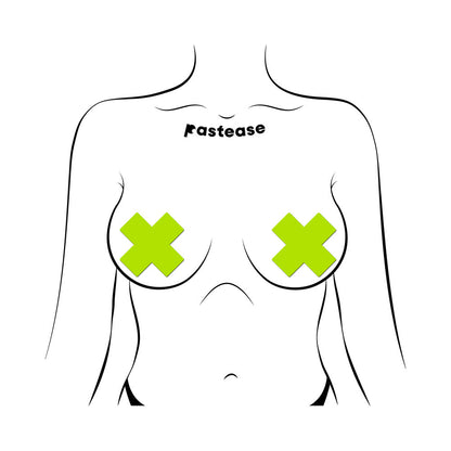 PASTEASE PLUS X: GLOW-IN-THE-DARK NEON YELLOW CROSS PASTIES NIPPLE COVERS