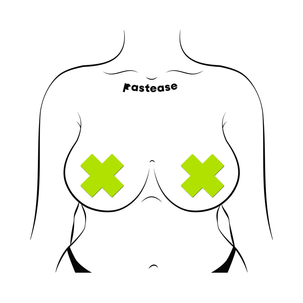PASTEASE PLUS X: GLOW-IN-THE-DARK NEON YELLOW CROSS PASTIES NIPPLE COVERS