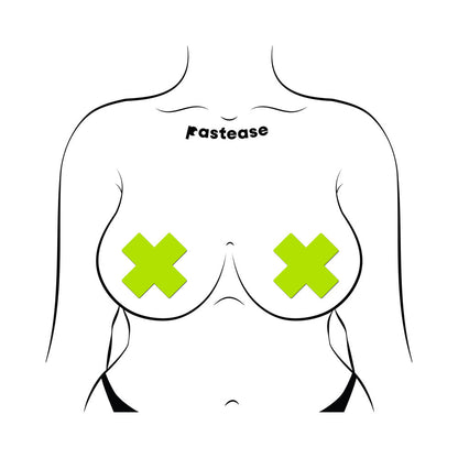 PASTEASE PLUS X: GLOW-IN-THE-DARK NEON YELLOW CROSS PASTIES NIPPLE COVERS