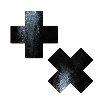 PASTEASE PLUS X: FAUX LATEX PLEATHER VINYL BLACK CROSS PASTIES
