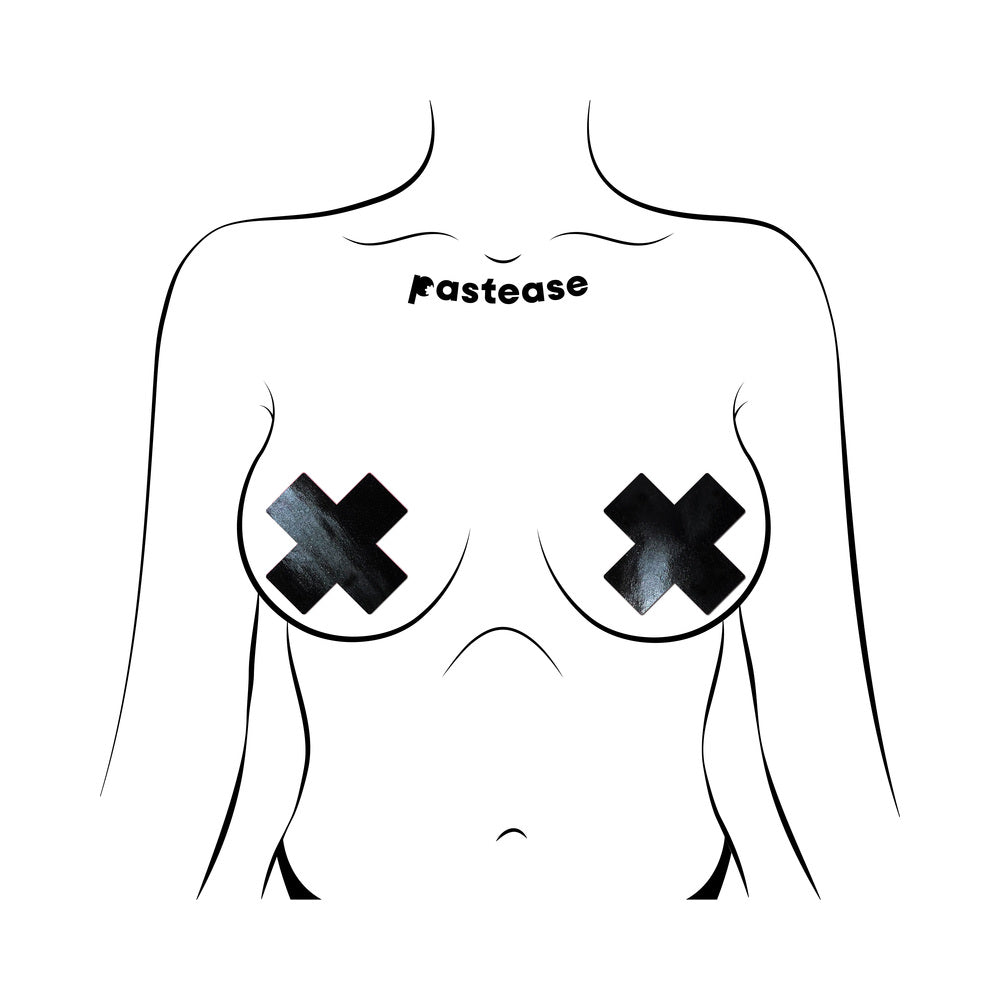 PASTEASE PLUS X: FAUX LATEX PLEATHER VINYL BLACK CROSS PASTIES