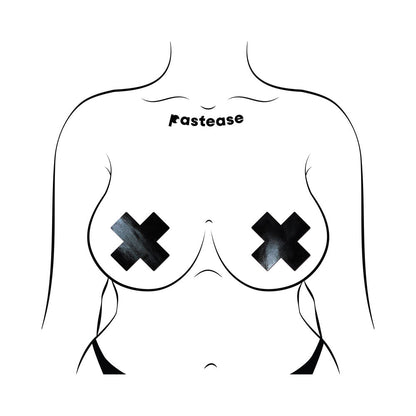 PASTEASE PLUS X: FAUX LATEX PLEATHER VINYL BLACK CROSS PASTIES