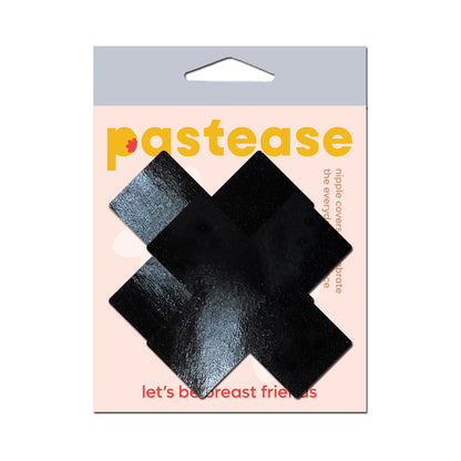 PASTEASE PLUS X: FAUX LATEX PLEATHER VINYL BLACK CROSS PASTIES