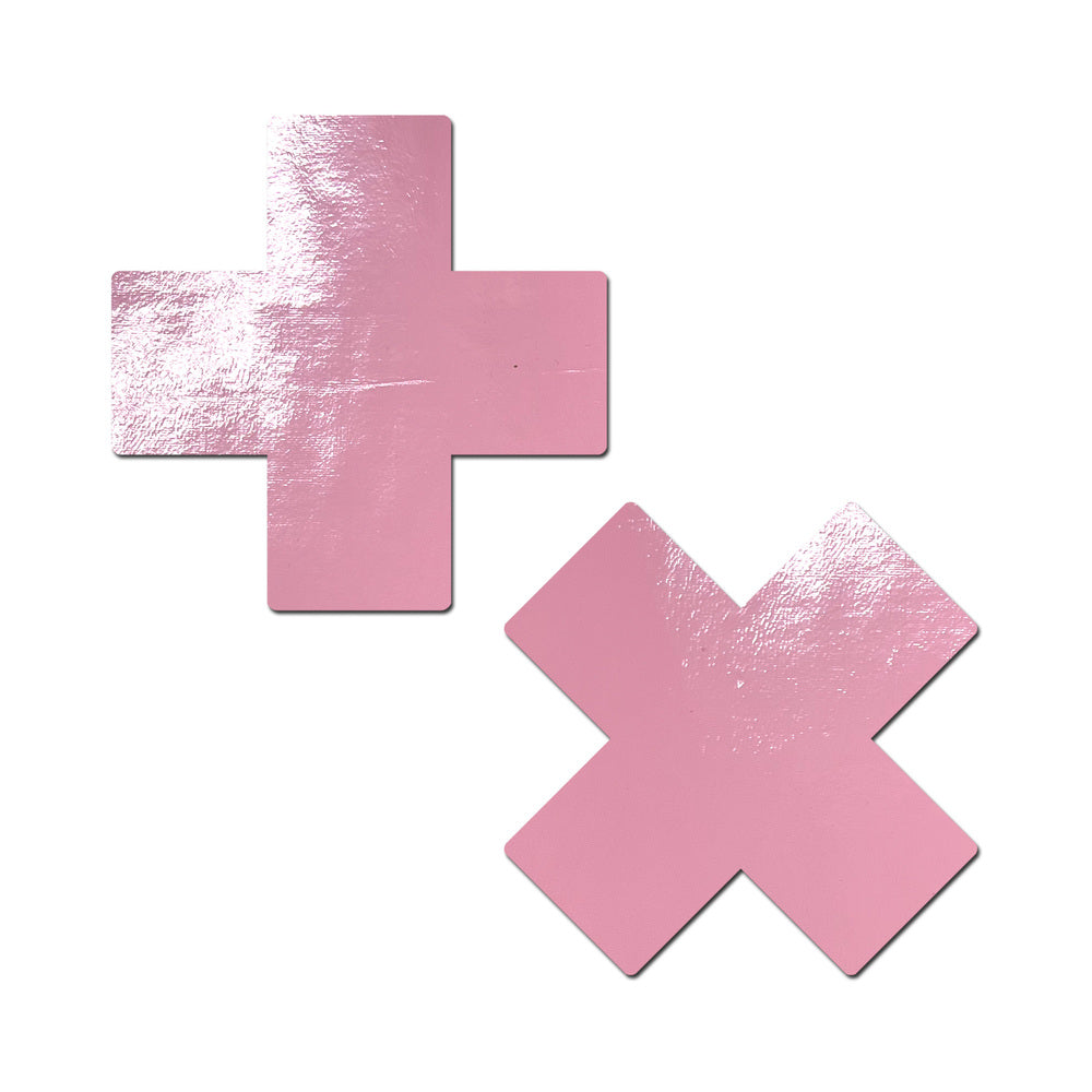PASTEASE PLUS X: FAUX LATEX PLEATHER VINYL BABY PINK CROSS PASTIES