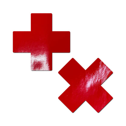 PASTEASE PLUS X: FAUX LATEX PLEATHER VINYL RED CROSS PASTIES