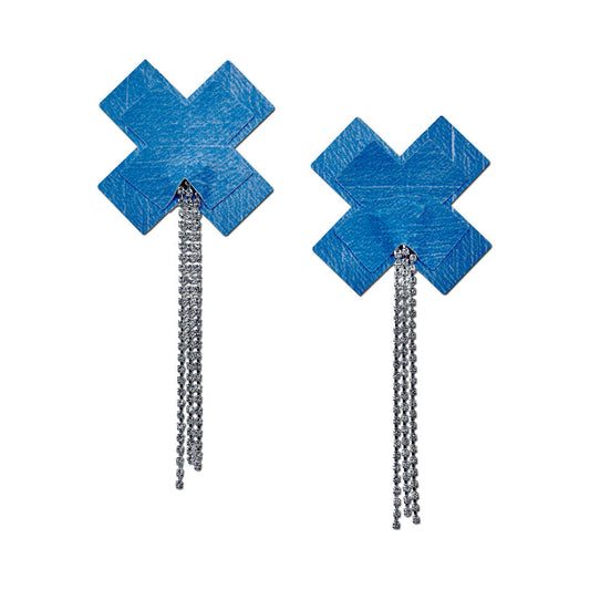 TASSEL PASTIES: DENIM PLUS X WITH LONG RHINESTONE TASSEL