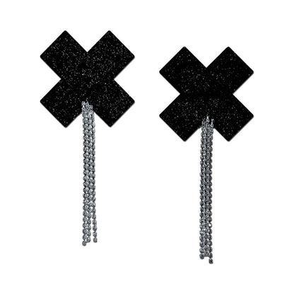 PASTEASE - TASSEL PASTIES: BLACK SPARKLE PLUS X WITH LONG RHINESTONE TASSEL