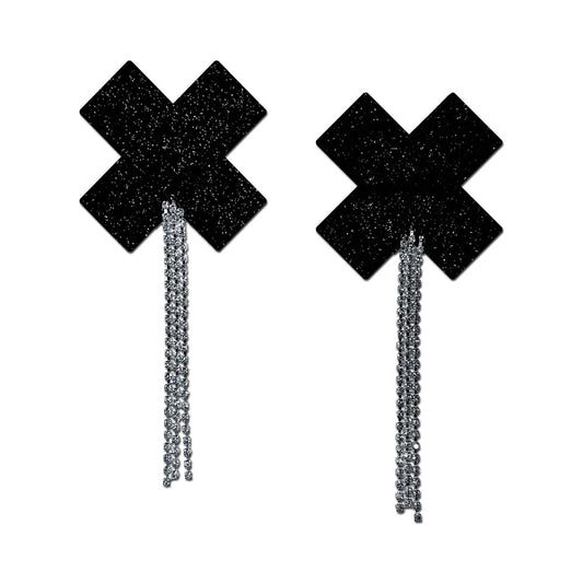 PASTEASE - TASSEL PASTIES: BLACK SPARKLE PLUS X WITH LONG RHINESTONE TASSEL