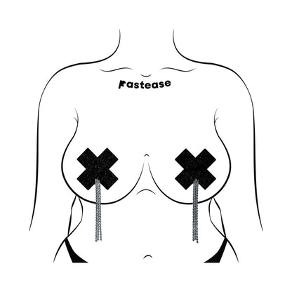 PASTEASE TASSEL PASTIES: BLACK SPARKLE PLUS X WITH LONG RHINESTONE TASSEL