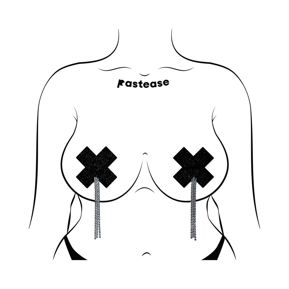 PASTEASE TASSEL PASTIES: BLACK SPARKLE PLUS X WITH LONG RHINESTONE TASSEL