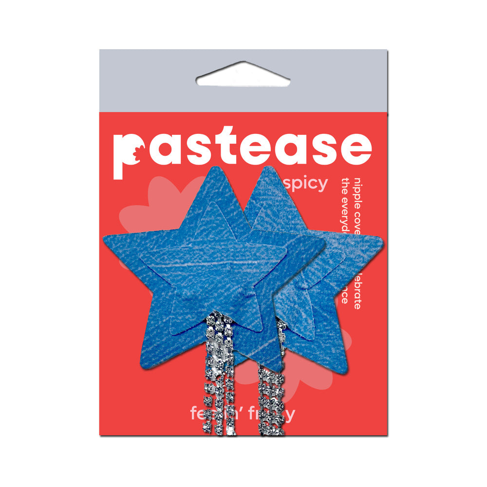 PASTEASE TASSEL PASTIES: DENIM STAR PASTEASE WITH LONG RHINESTONE TASSEL