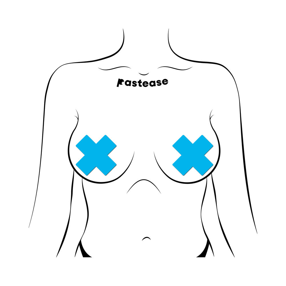 PASTEASE PLUS X: GLOW-IN-THE-DARK NEON TURQUOISE CROSS PASTIES NIPPLE COVERS
