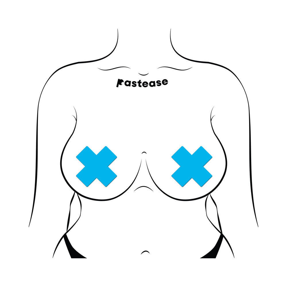 PASTEASE PLUS X: GLOW-IN-THE-DARK NEON TURQUOISE CROSS PASTIES NIPPLE COVERS