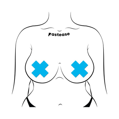 PASTEASE PLUS X: GLOW-IN-THE-DARK NEON TURQUOISE CROSS PASTIES NIPPLE COVERS