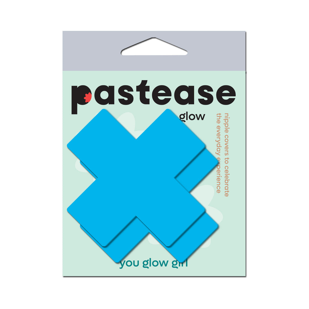 PASTEASE PLUS X: GLOW-IN-THE-DARK NEON TURQUOISE CROSS PASTIES NIPPLE COVERS