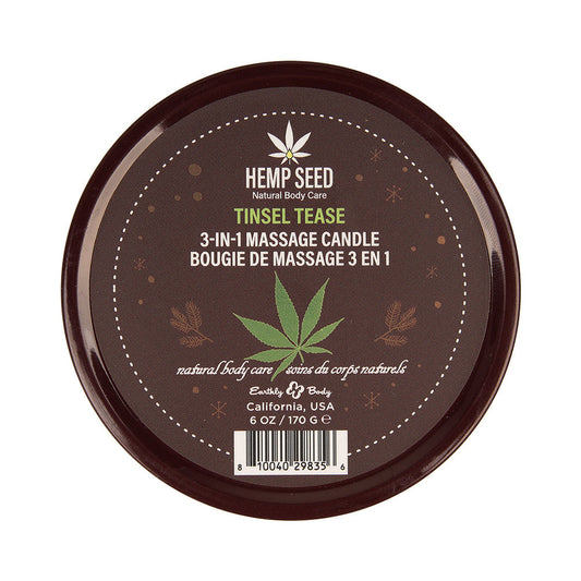 EARTHLY BODY HEMP SEED 3-IN-1 MASSAGE CANDLE TINSEL TEASE 6 OZ.