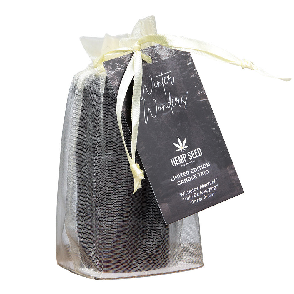 HEMP SEED 3-IN-1 MASSAGE CANDLE HOLIDAY TRIO: MISTLETOE MISCHIEF, TINSEL TEASE, YULE BE BEGGING