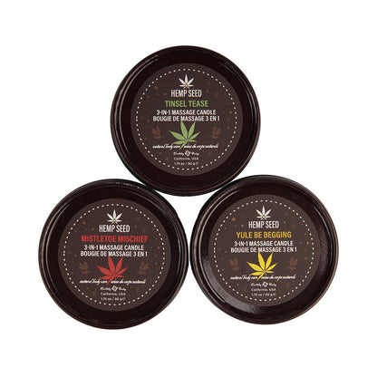EARTHLY BODY HEMP SEED 3-IN-1 MASSAGE CANDLE HOLIDAY TRIO: MISTLETOE MISCHIEF, TINSEL TEASE, YULE BE BEGGING