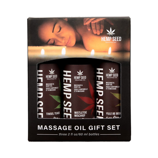 EARTHLY BODY - HEMP SEED HOLIDAY MASSAGE OIL TRIO GIFT SET: MISTLETOE MISCHIEF, TINSEL TEASE, YULE BE BEGGING