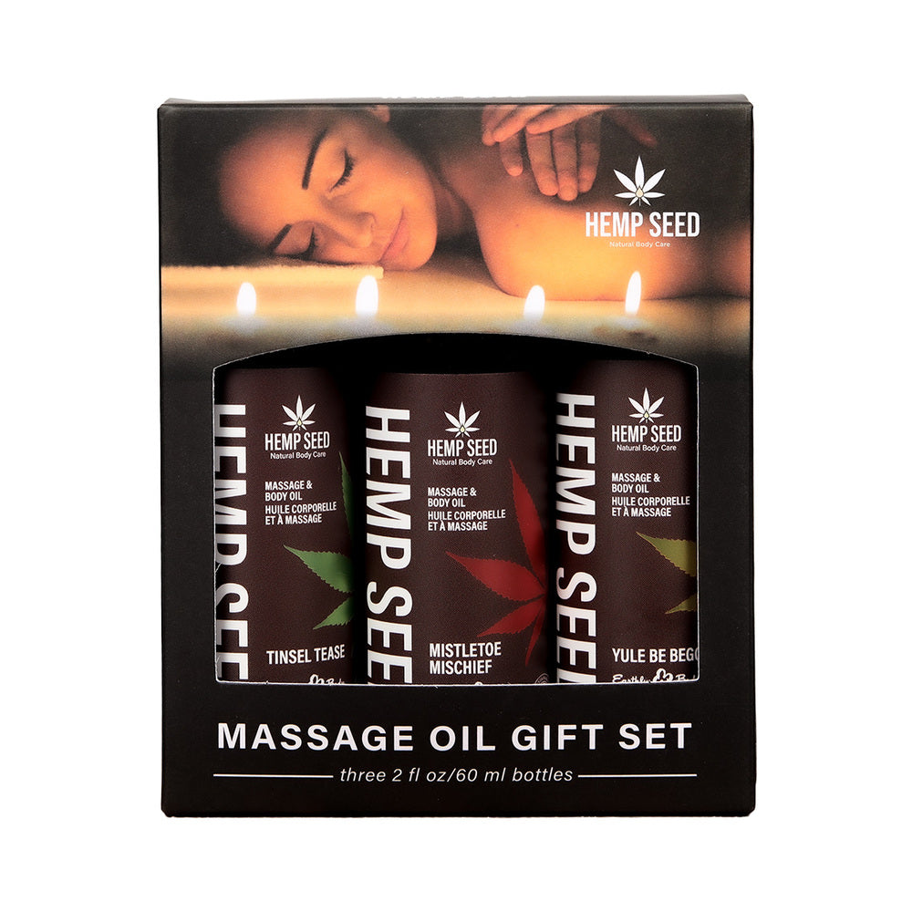 EARTHLY BODY HEMP SEED HOLIDAY MASSAGE OIL TRIO GIFT SET: MISTLETOE MISCHIEF, TINSEL TEASE, YULE BE BEGGING