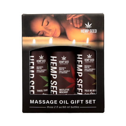 EARTHLY BODY HEMP SEED HOLIDAY MASSAGE OIL TRIO GIFT SET: MISTLETOE MISCHIEF, TINSEL TEASE, YULE BE BEGGING