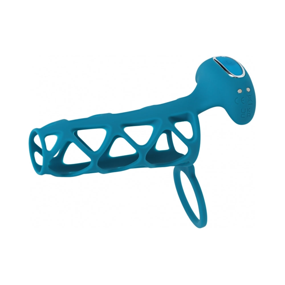 LEVELZ VIBRATING CAGE SILICONE COCK SLEEVE & BALL RING TEAL