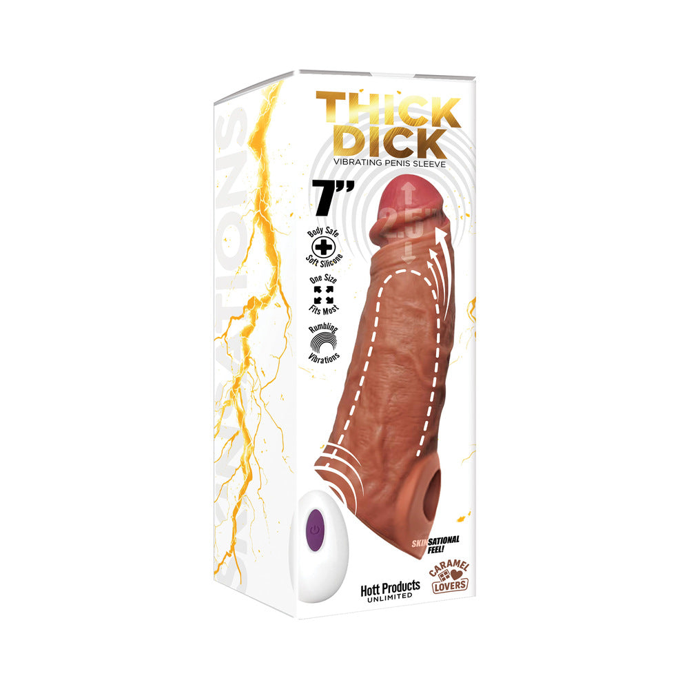 SKINSATIONS THICK DICK 7 IN. VIBRATING PENIS SLEEVE WITH REMOTE CARAMEL LOVERS