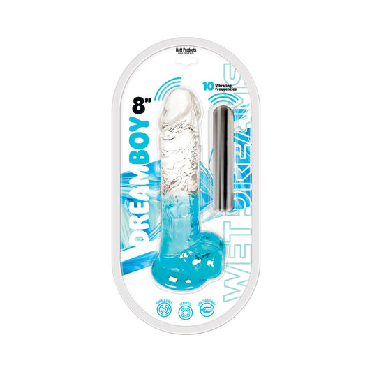 WET DREAMS DREAM BOY 8 IN. JELLY DILDO & RECHARGEABLE BULLET CLEAR/AQUA GRADIENT