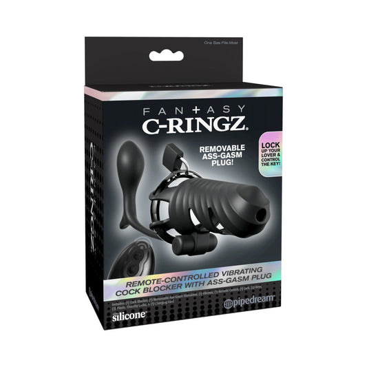 FANTASY C-RINGZ REMOTE-CONTROLLED VIBRATING COCK BLOCKER WITH ASS-GASM PLUG BLACK