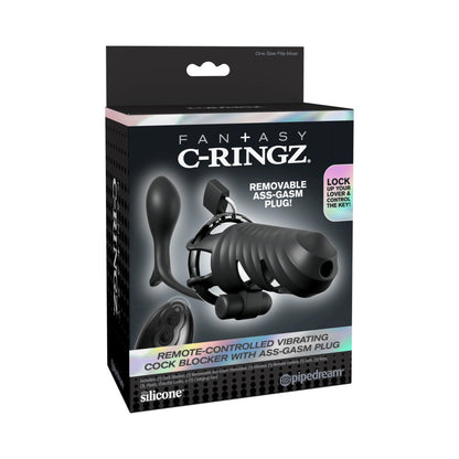 PIPEDREAM - FANTASY C-RINGZ BLOQUEADOR DE COLA VIBRATORIO CON CONTROL REMOTO CON TAPÓN ANAL 'ASS-GASM' NEGRO