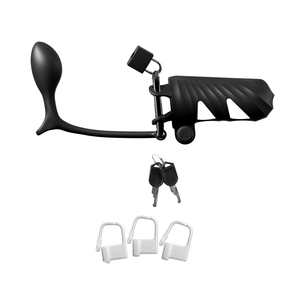 PIPEDREAM - FANTASY C-RINGZ BLOQUEADOR DE COLA VIBRATORIO CON CONTROL REMOTO CON TAPÓN ANAL 'ASS-GASM' NEGRO