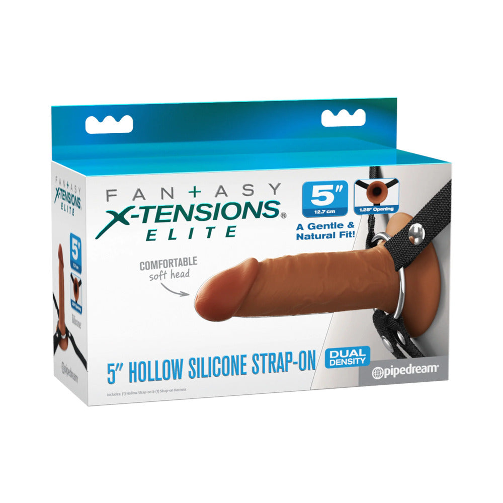FANTASY X-TENSIONS ELITE SILICONE HOLLOW STRAP-ON DUAL DENSITY 5 IN. BROWN