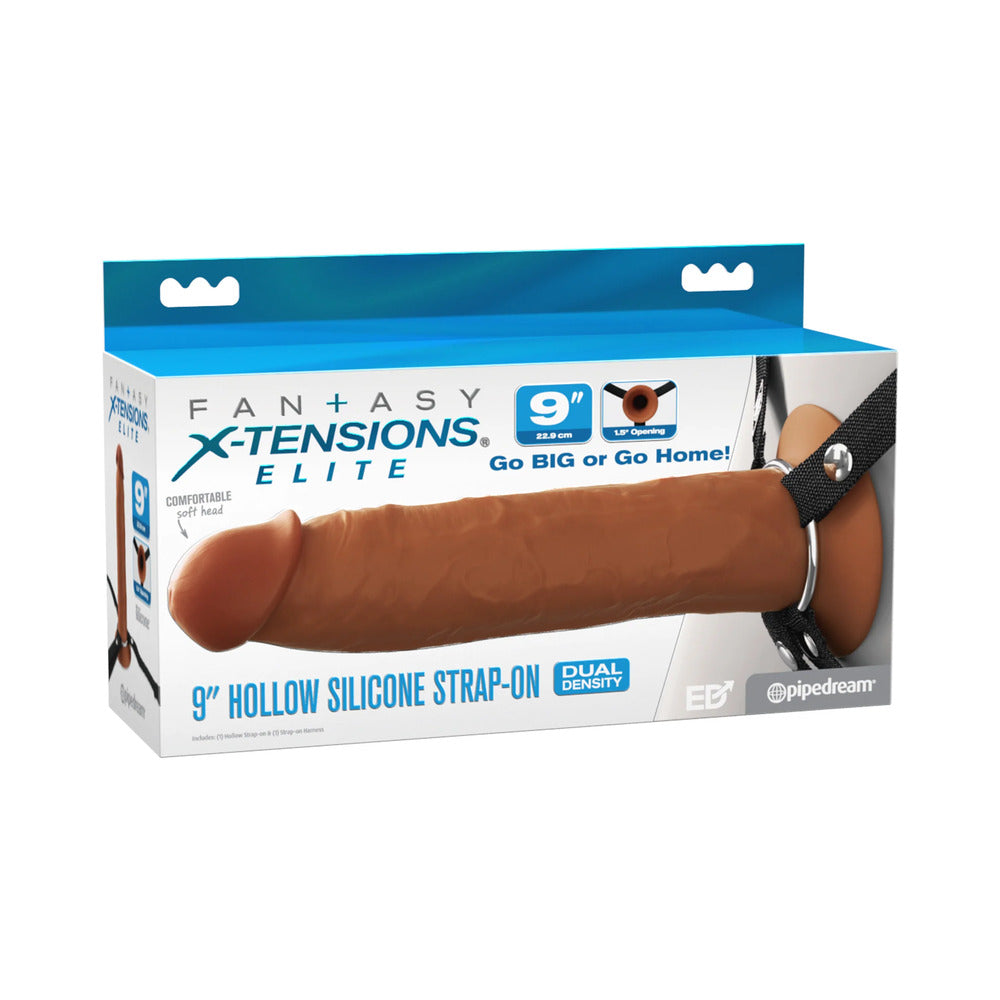 FANTASY X-TENSIONS ELITE SILICONE HOLLOW STRAP-ON DUAL DENSITY 9IN BROWN