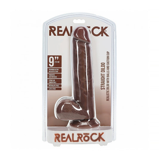 SHOTS - REALROCK 9 IN. COCK WITH BALLS STRAIGHT BROWN