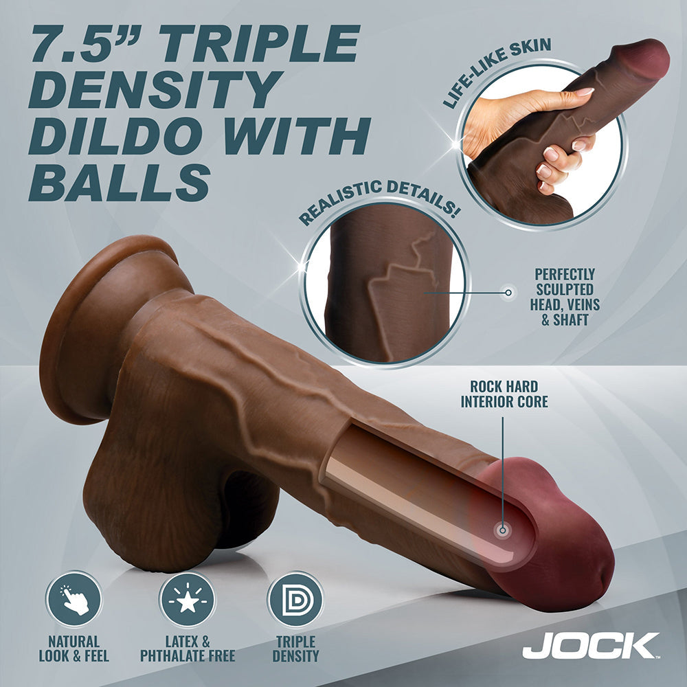 NOVEDADES CURVE - DILDO DURO JOCK DE TRIPLE DENSIDAD DE 7.5 PULGADAS CON TESTÍCULOS OSCURO