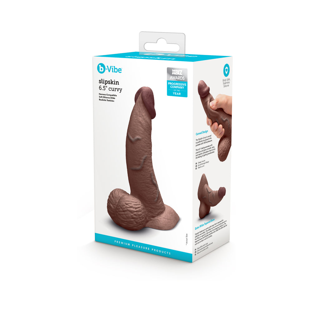 B-VIBE SLIPSKIN REALISTIC SILICONE DILDO 6.5 IN. CURVED BROWN