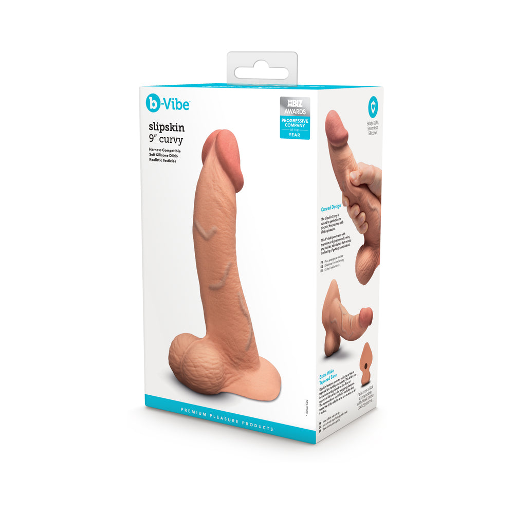 B-VIBE SLIPSKIN REALISTIC SILICONE DILDO 9 IN. CURVED MOCHA