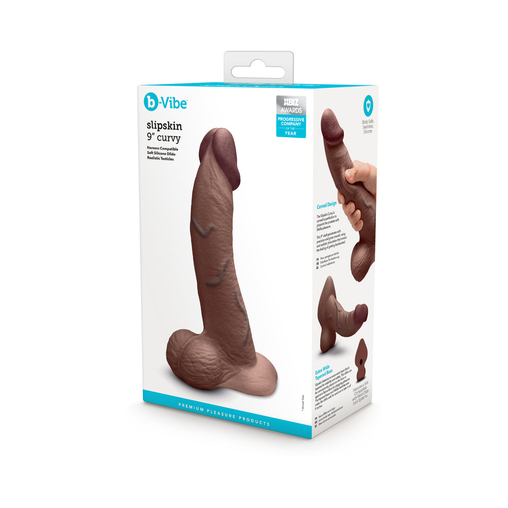 B-VIBE SLIPSKIN REALISTIC SILICONE DILDO 9 IN. CURVED BROWN
