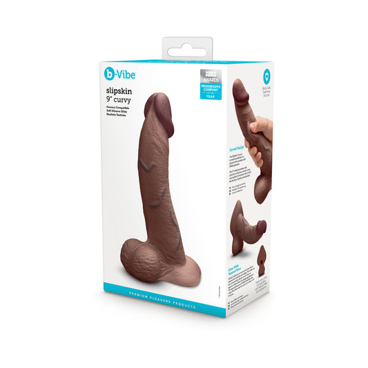 B-VIBE SLIPSKIN REALISTIC SILICONE DILDO 9 IN. CURVED BROWN