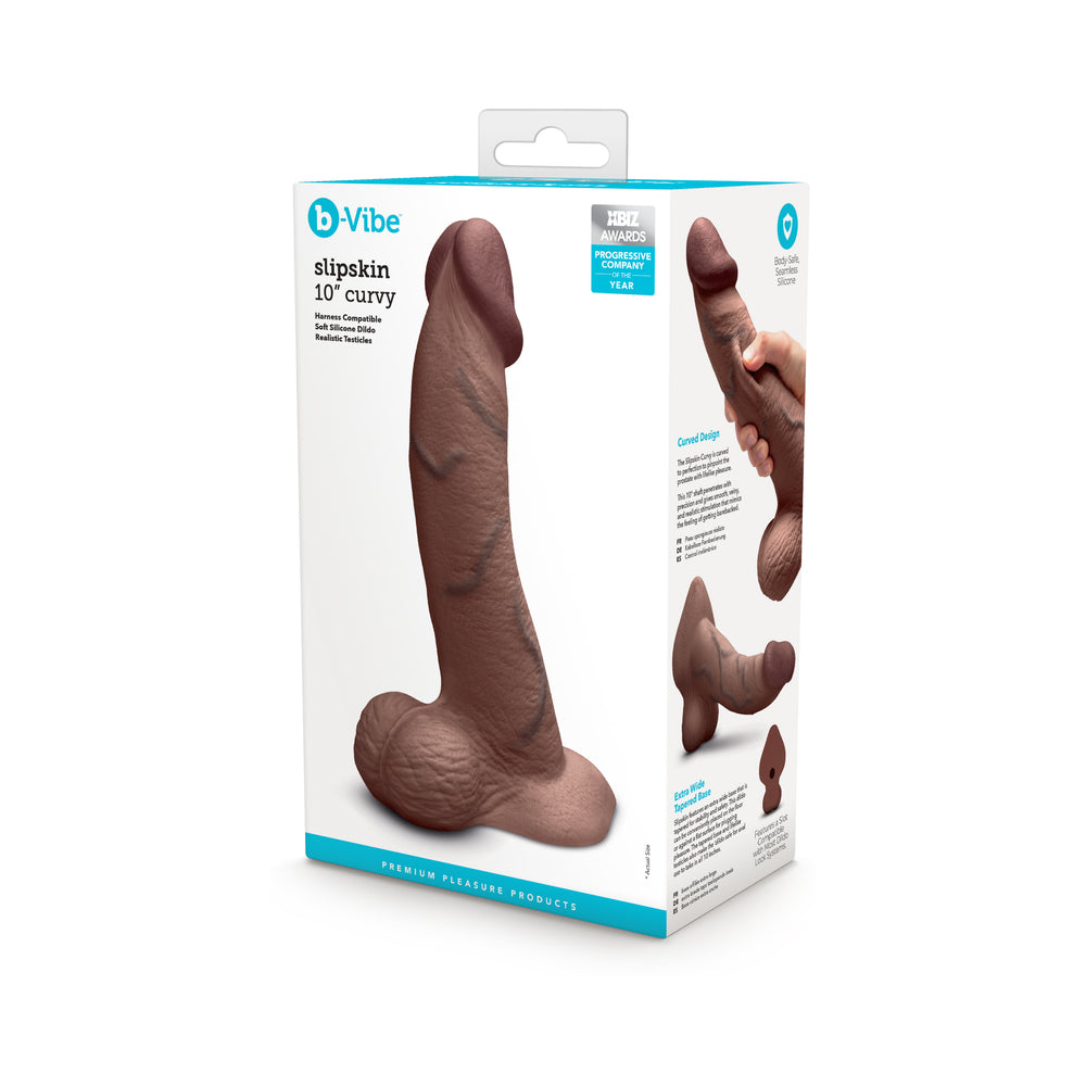 B-VIBE SLIPSKIN REALISTIC SILICONE DILDO 10 IN. CURVED BROWN