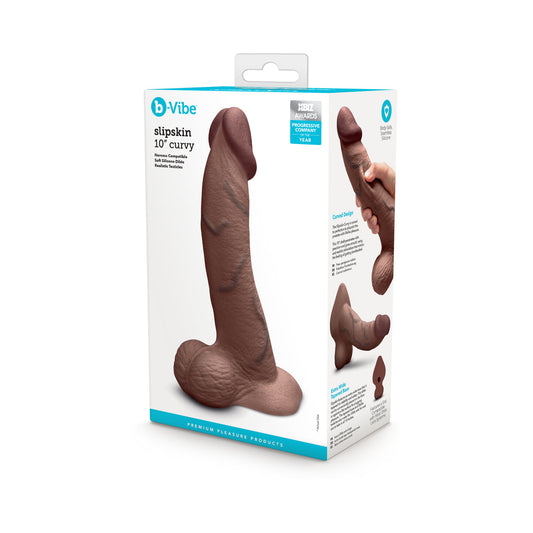 B-VIBE SLIPSKIN REALISTIC SILICONE DILDO 10 IN. CURVED BROWN