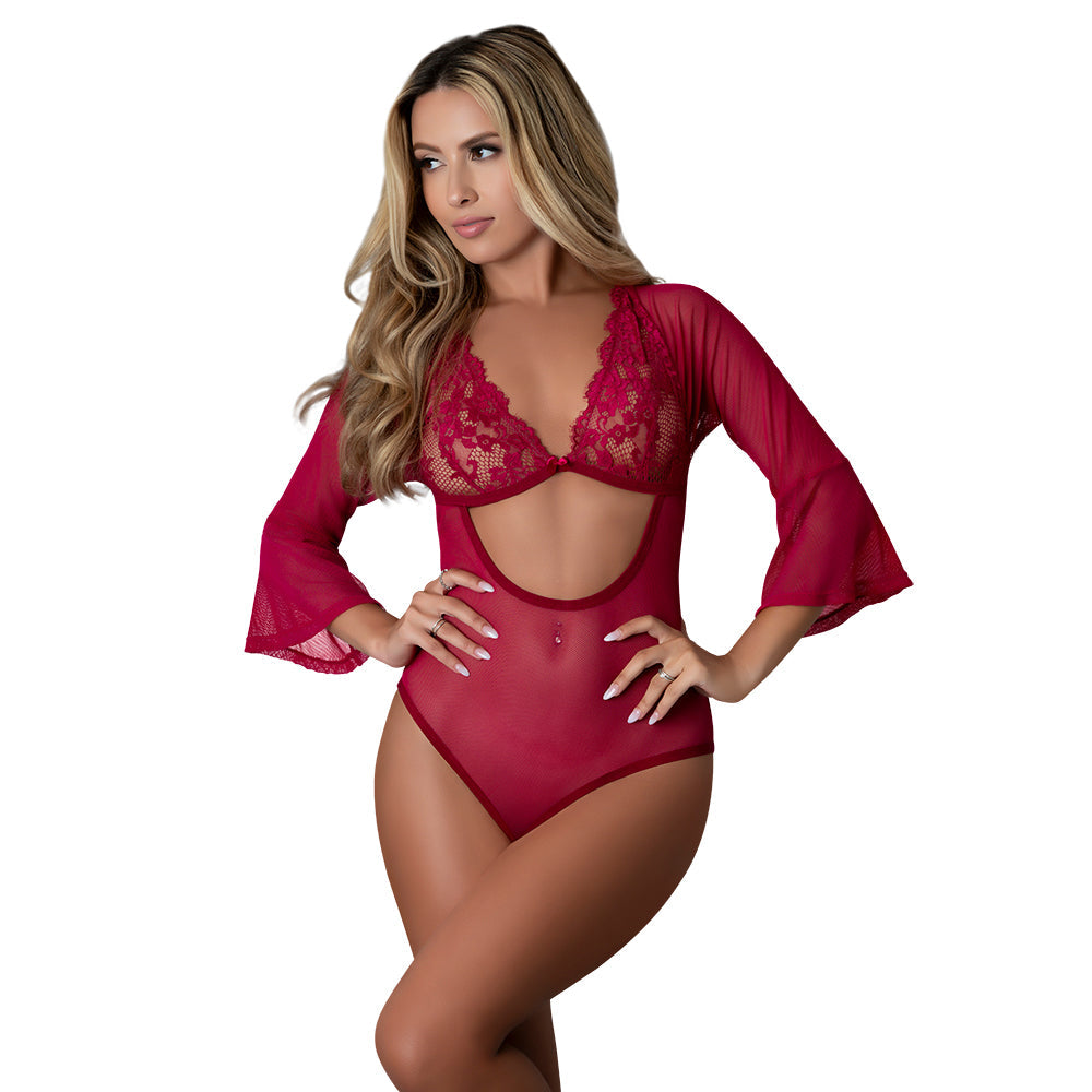 MAGIC SILK - BLACK CHERRY 3/4 SLEEVE PLAYSUIT CHERRY L/XL