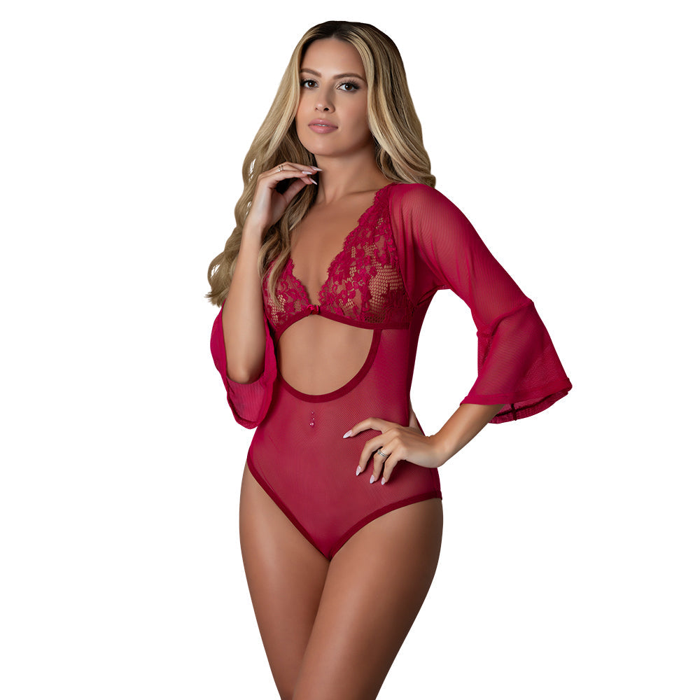 MAGIC SILK - BLACK CHERRY 3/4 SLEEVE PLAYSUIT CHERRY L/XL