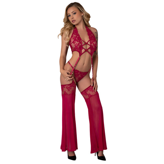 MAGIC SILK - TOP ESCOTADO CEREZA NEGRA CON CHAPS DESMONTABLES Y TANGA DESCARADO CEREZA G/XL